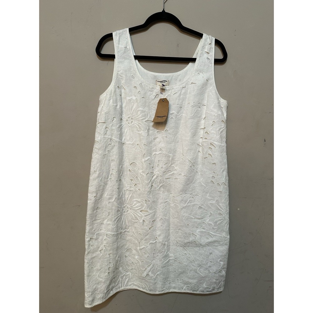 NWT Lands' End Canvas 1963 White Eyelet Shift Dress 10 100% Linen Cotton Lined